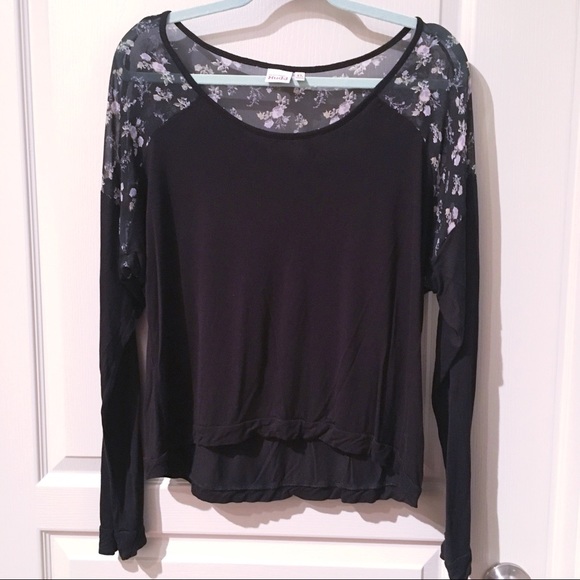 Mudd Tops - Long Sleeve Dolman Top with Sheer Floral Accents